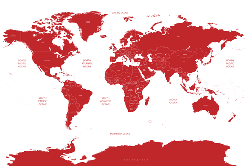 CANVAS PRINT WORLD MAP WITH INDIVIDUAL STATES IN RED - PICTURES OF MAPS - PICTURES