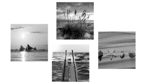 CANVAS PRINT SET SEA AND A BEACH IN BLACK AND WHITE - SET OF PICTURES - PICTURES