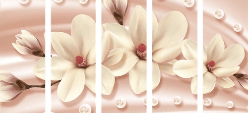 5-PIECE CANVAS PRINT LUXURIOUS MAGNOLIA WITH PEARLS - PICTURES FLOWERS - PICTURES