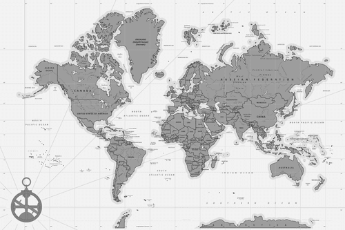 WANDBILD AUF KORK STILVOLLE WELTKARTE MIT KOMPASS IN SCHWARZ-WEISS - WANDBILDER AUF KORK - BILDER