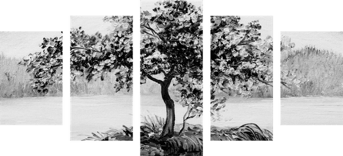 5-PIECE CANVAS PRINT ORIENTAL CHERRY IN BLACK AND WHITE - BLACK AND WHITE PICTURES - PICTURES