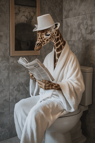 TABLOU GIRAFĂ CU ZIAR PE TOALETĂ - TABLOURI ZEBRE ȘI GIRAFE - TABLOURI