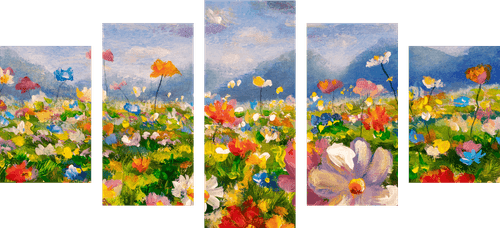 QUADRO IN 5 PARTI PITTURA AD OLIO CON FIORI SELVATICI - QUADRI DI NATURA E PAESAGGIO - QUADRI