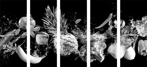 5-TEILIGES WANDBILD BIO-OBST UND GEMÜSE IN SCHWARZ-WEISS - SCHWARZ-WEISSE BILDER - BILDER