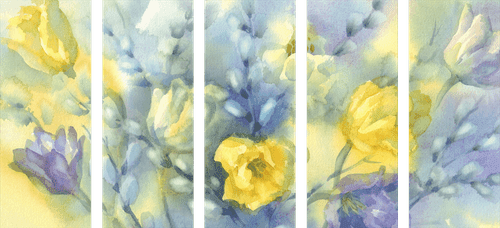 5-TEILIGES WANDBILD GELBE AQUARELL-TULPEN - BILDER BLUMEN - BILDER