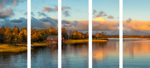 5-PIECE CANVAS PRINT SUNSET OVER THE LAKE - PICTURES OF NATURE AND LANDSCAPE - PICTURES