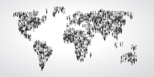 DECORATIVE PINBOARD WORLD MAP CONSISTING OF PEOPLE IN BLACK AND WHITE - PICTURES ON CORK - PICTURES