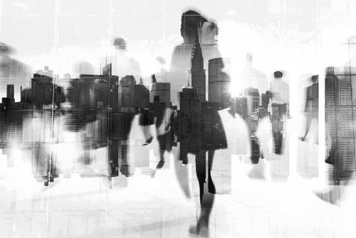 CANVAS PRINT SILHOUETTES OF PEOPLE IN A BIG CITY IN BLACK AND WHITE - BLACK AND WHITE PICTURES - PICTURES