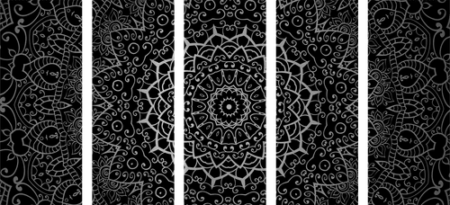 QUADRO IN 5 PARTI MANDALA IN STILE INDIANO IN BIANCO E NERO - QUADRI BIANCO E NERO - QUADRI