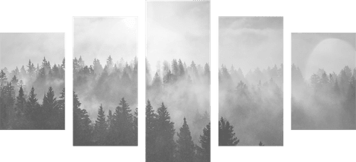 5-TEILIGES WANDBILD NEBEL ÜBER DEM WALD IN SCHWARZ-WEISS - SCHWARZ-WEISSE BILDER - BILDER