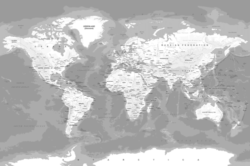 DECORATIVE PINBOARD STYLISH BLACK AND WHITE MAP OF THE WORLD - PICTURES ON CORK - PICTURES