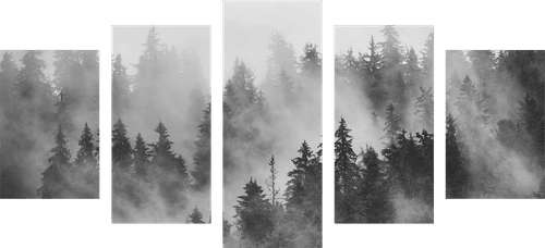 QUADRO IN 5 PARTI MONTAGNE NELLA NEBBIA IN BIANCO E NERO - QUADRI BIANCO E NERO - QUADRI