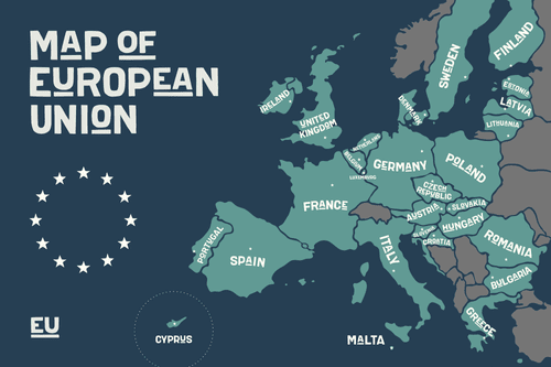 CANVAS PRINT EDUCATIONAL MAP WITH THE NAMES OF THE COUNTRIES OF THE EUROPEAN UNION - PICTURES OF MAPS - PICTURES