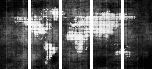 QUADRO IN 5 PARTI MONDO SULLA MAPPA IN BIANCO E NERO - QUADRI MAPPE - QUADRI