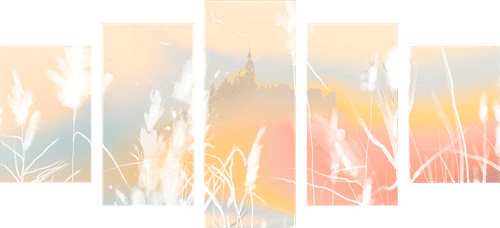 5-PIECE CANVAS PRINT CASTLE IN A PASTEL LANDSCAPE - PICTURES OF NATURE AND LANDSCAPE - PICTURES