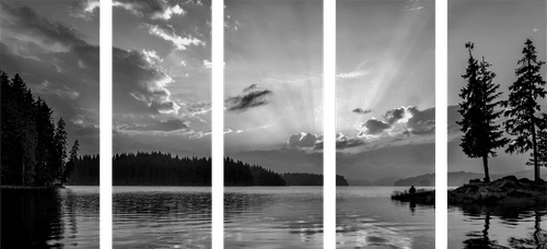 5-PIECE CANVAS PRINT MOUNTAIN LAKE REFLECTION IN BLACK AND WHITE - BLACK AND WHITE PICTURES - PICTURES