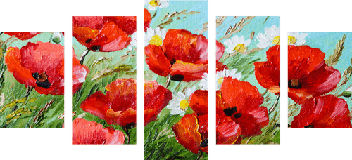 IMPRESSION SUR TOILE EN 5 PARTIES COQUELICOTS ROUGES DANS UN CHAMP - IMPRESSIONS SUR TOILE FLEURS - IMPRESSION SUR TOILE