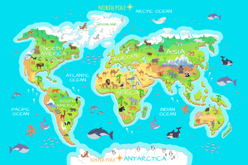 DECORATIVE PINBOARD GEOGRAPHICAL MAP OF THE WORLD FOR CHILDREN - PICTURES ON CORK - PICTURES