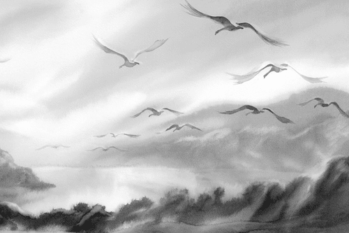 CANVAS PRINT BIRDS FLYING OVER THE LANDSCAPE IN BLACK AND WHITE - BLACK AND WHITE PICTURES - PICTURES