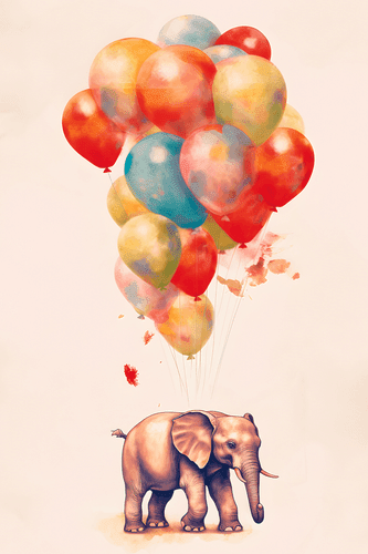 CANVAS PRINT DREAMY ELEPHANT WITH BALLOONS - DREAMY LITTLE ANIMALS - PICTURES