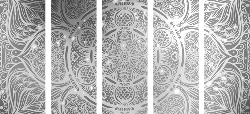 IMPRESSION SUR TOILE EN 5 PARTIES MANDALA INDIEN AVEC UN ARRIÈRE-PLAN GALACTIQUE EN NOIR ET BLANC - IMPRESSIONS SUR TOILE NOIR ET BLANC - IMPRESSION SUR TOILE