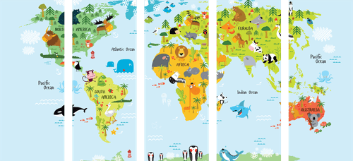 5-CZĘŚCIOWY OBRAZ DZIECIĘCA MAPA ŚWIATA ZE ZWIERZĘTAMI - OBRAZY DZIECIĘCE - OBRAZY