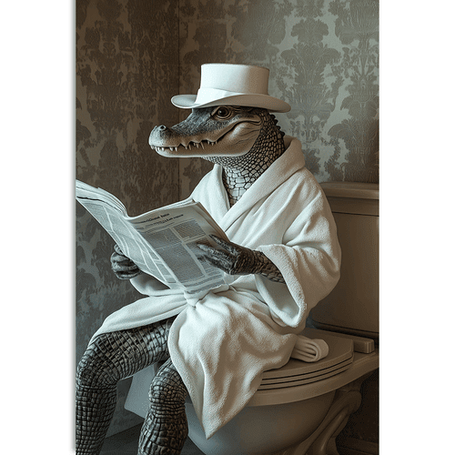 TABLOU CROCODILUL CU ZIAR PE TOALETĂ - TABLOURI CROCODILI - TABLOURI