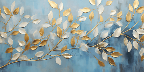 CANVAS PRINT GOLD-WHITE LEAVES ON A BLUE BACKGROUND - PICTURES OF TREES AND LEAVES - PICTURES