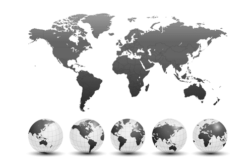 CANVAS PRINT GLOBES WITH A WORLD MAP IN BLACK AND WHITE - PICTURES OF MAPS - PICTURES