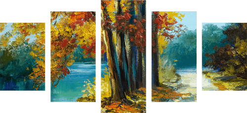 IMPRESSION SUR TOILE EN 5 PARTIES ARBRES PEINTS AUX COULEURS D'AUTOMNE - IMPRESSION SUR TOILE DE NATURE ET PAYSAGE - IMPRESSION SUR TOILE