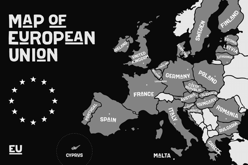 CANVAS PRINT EDUCATIONAL MAP WITH THE NAMES OF THE COUNTRIES OF THE EUROPEAN UNION IN BLACK AND WHITE - PICTURES OF MAPS - PICTURES