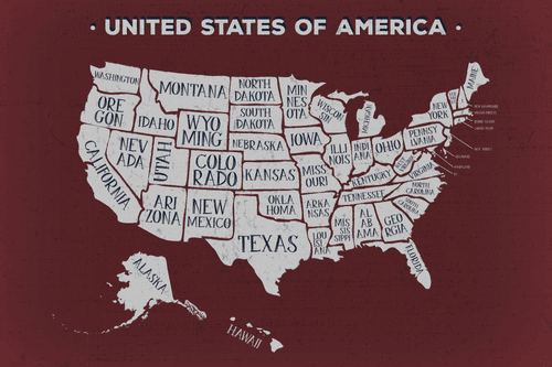 DECORATIVE PINBOARD EDUCATIONAL MAP OF THE USA WITH A BURGUNDY BACKGROUND - PICTURES ON CORK - PICTURES