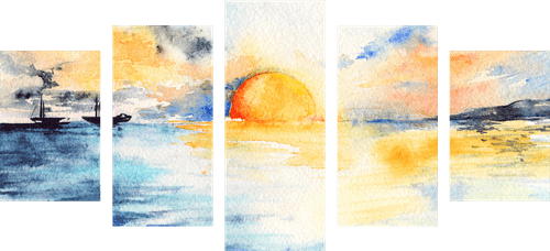 IMPRESSION SUR TOILE EN 5 PARTIES COUCHER DE SOLEIL RADIEUX AU BORD DE LA MER - IMPRESSION SUR TOILE DE NATURE ET PAYSAGE - IMPRESSION SUR TOILE