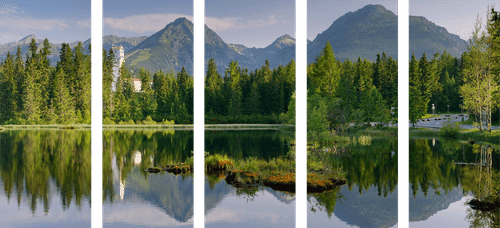 IMPRESSION SUR TOILE EN 5 PARTIES BEAU PANORAMA DE MONTAGNES AU BORD DU LAC - IMPRESSION SUR TOILE DE NATURE ET PAYSAGE - IMPRESSION SUR TOILE