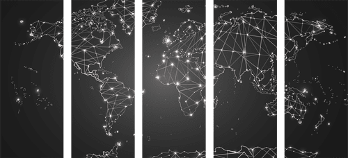 5-CZĘŚCIOWY OBRAZ CZARNO-BIAŁA MAPA ŚWIATA - OBRAZY MAPY - OBRAZY