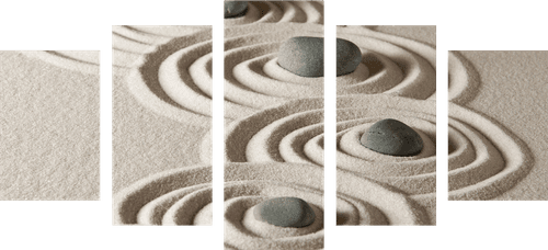 IMPRESSION SUR TOILE EN 5 PARTIES PIERRES ZEN DANS DES CERCLES DE SABLE - IMPRESSIONS SUR TOILE FENG SHUI - IMPRESSION SUR TOILE