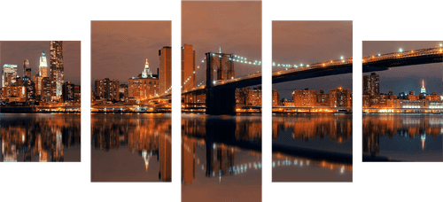 TABLEAU EN 5 PARTIES – REFLET DE MANHATTAN DANS L'EAU - TABLEAUX DE LA VILLE - TABLEAUX