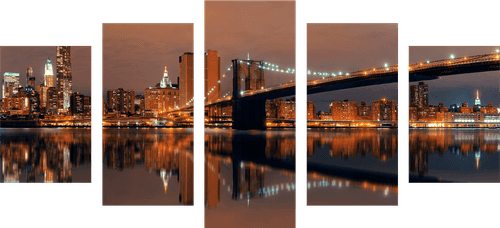 QUADRO IN 5 PARTI RIFLESSO DI MANHATTAN NELL'ACQUA - QUADRI CITTÀ - QUADRI