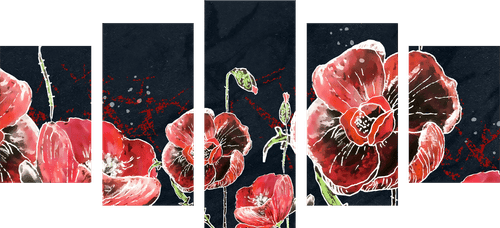 5-PIECE CANVAS PRINT RED POPPIES ON A BLACK BACKGROUND - PICTURES FLOWERS - PICTURES