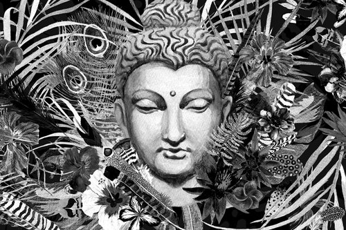 CANVAS PRINT BUDDHA ON AN EXOTIC BACKGROUND IN BLACK AND WHITE - BLACK AND WHITE PICTURES - PICTURES