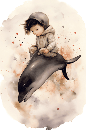 CANVAS PRINT DREAMY BOY WITH A DOLPHIN - DREAMY LITTLE ANIMALS - PICTURES