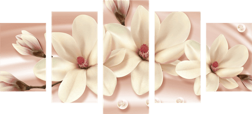 5-PIECE CANVAS PRINT LUXURIOUS MAGNOLIA WITH PEARLS - PICTURES FLOWERS - PICTURES