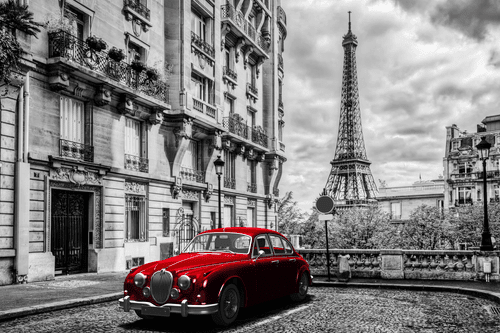 QUADRO DI UNA MACCHINA D'EPOCA ROSSA A PARIGI - QUADRI CITTÀ - QUADRI