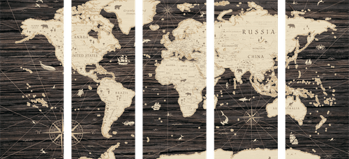 QUADRO IN 5 PARTI MAPPA SU SFONDO IN LEGNO - QUADRI MAPPE - QUADRI