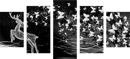 TABLEAU EN 5 PARTIES – CERF MAGNIFIQUE AVEC PAPILLONS EN NOIR ET BLANC - TABLEAUX EN NOIR ET BLANC - TABLEAUX