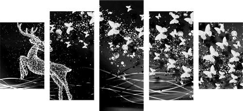 5-PIECE CANVAS PRINT BEAUTIFUL DEER WITH BUTTERFLIES IN BLACK AND WHITE - BLACK AND WHITE PICTURES - PICTURES