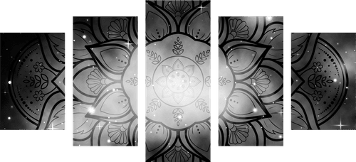 5-PIECE CANVAS PRINT MANDALA WITH A GALAXY BACKGROUND IN BLACK AND WHITE - BLACK AND WHITE PICTURES - PICTURES