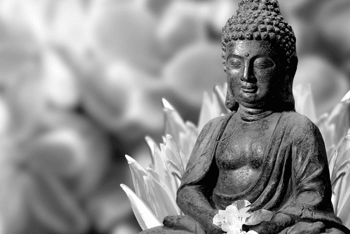 WANDBILD FRIEDLICHER BUDDHA IN SCHWARZ-WEISS - SCHWARZ-WEISSE BILDER - BILDER