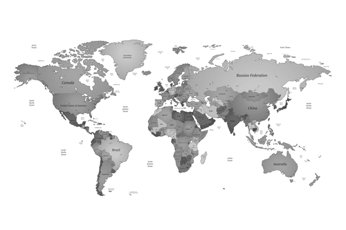 DECORATIVE PINBOARD WORLD MAP IN BLACK AND WHITE - PICTURES ON CORK - PICTURES