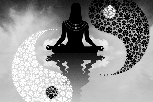 CANVAS PRINT YIN AND YANG YOGA IN BLACK AND WHITE - BLACK AND WHITE PICTURES - PICTURES